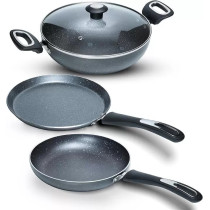 Impex Migo Non Stick Cookware Set Granite 4 Pcs Induction Bottom Cookware Set 3 Mm Thick, 5-Layer Super Granite Nonstick Coated Cookware Set, Two Sides Spatter Design