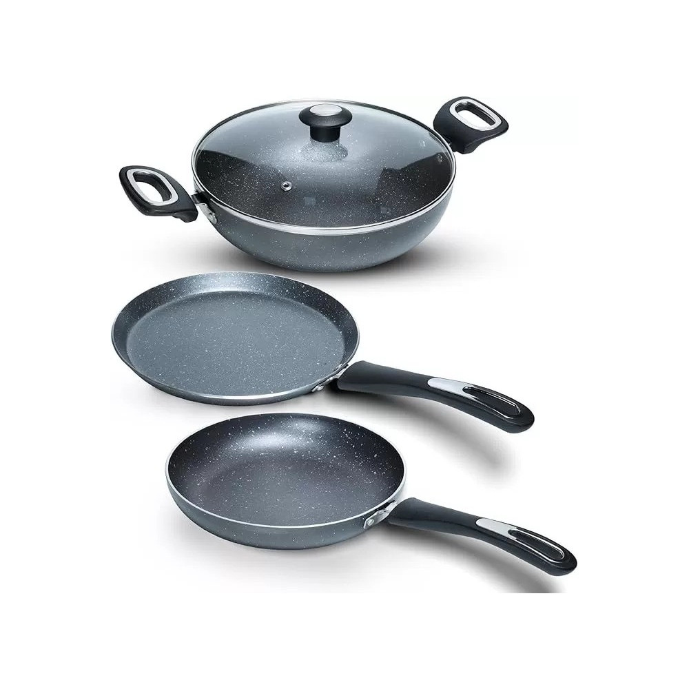 Impex Migo Non Stick Cookware Set Granite 4 Pcs Induction Bottom Cookware Set 3 Mm Thick, 5-Layer Super Granite Nonstick Coated Cookware Set, Two Sides Spatter Design
