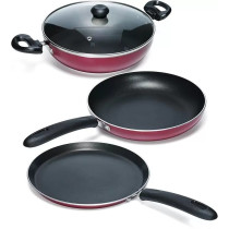 Impex Migo Nonstick Cookware Set Of 4 Pcs Aluminium Tawa, Fry Pan, Kadai With Glass Lid - Maroon
