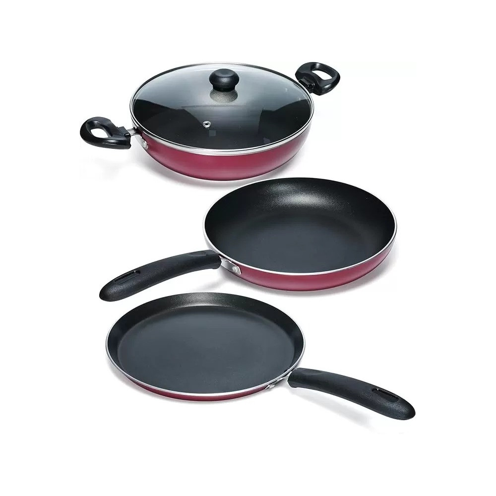 Impex Migo Nonstick Cookware Set Of 4 Pcs Aluminium Tawa, Fry Pan, Kadai With Glass Lid - Maroon