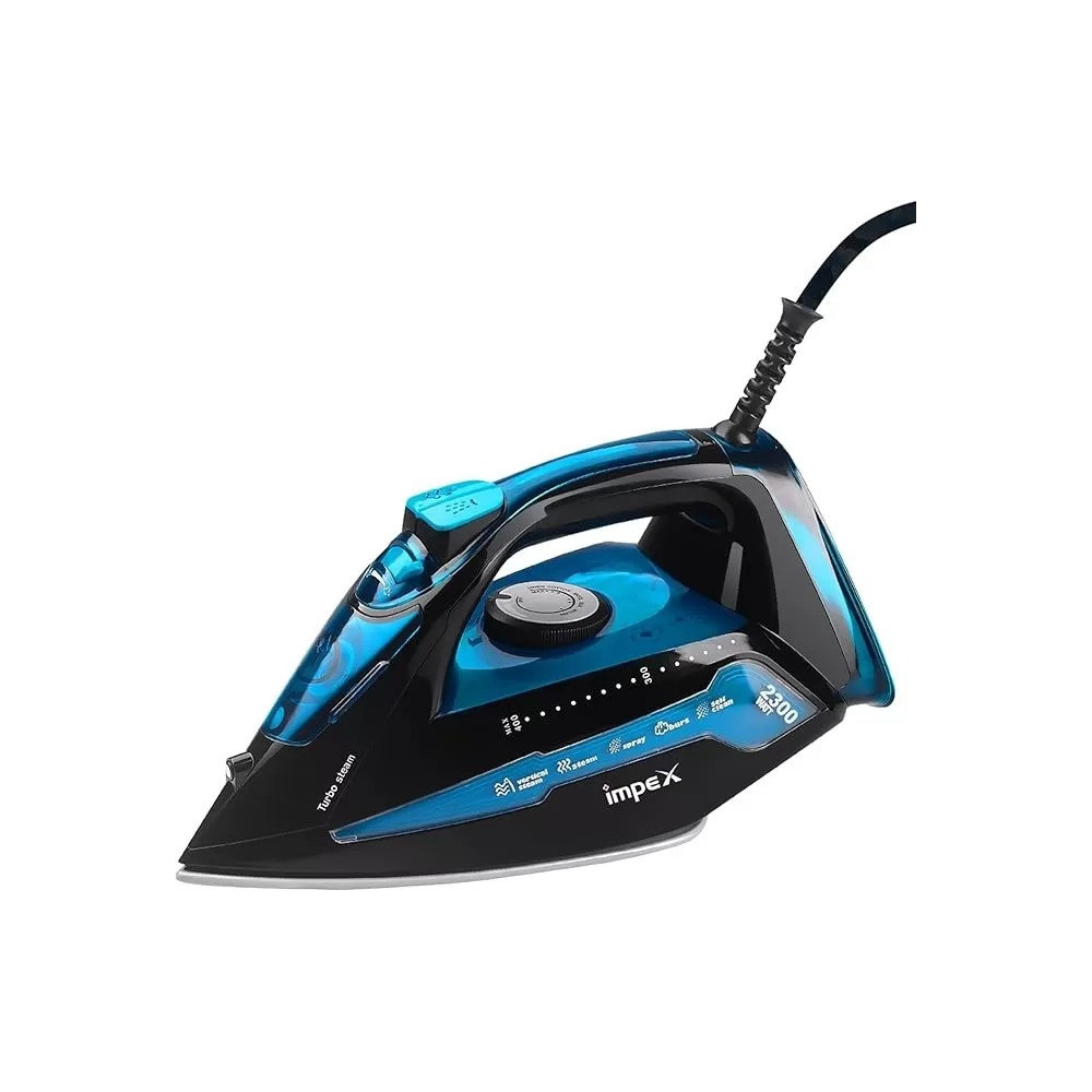 Impex Electric Steam Iron Box With 360 Degree Plaint Swivel Cord Water Spray Ceramic Coated Sole Plate Overheat Protection With Temperature Settings, Black And Blue, Ibs 404 2300W