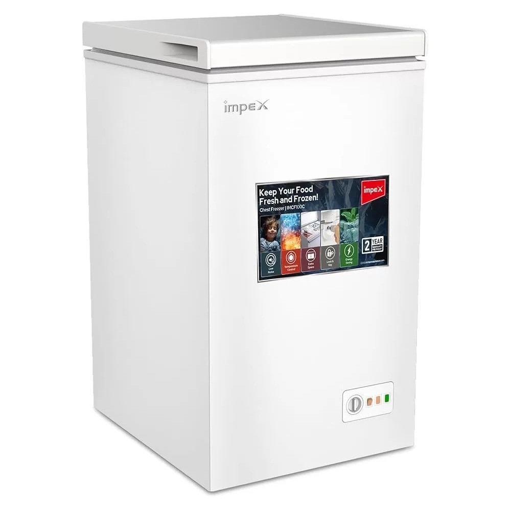 Impex 100L Chest Freezer With Fast Cooling, Inside Lamp, Handle & Lock, R600A, –18°C, Caster Wheels, White, Imcf100C