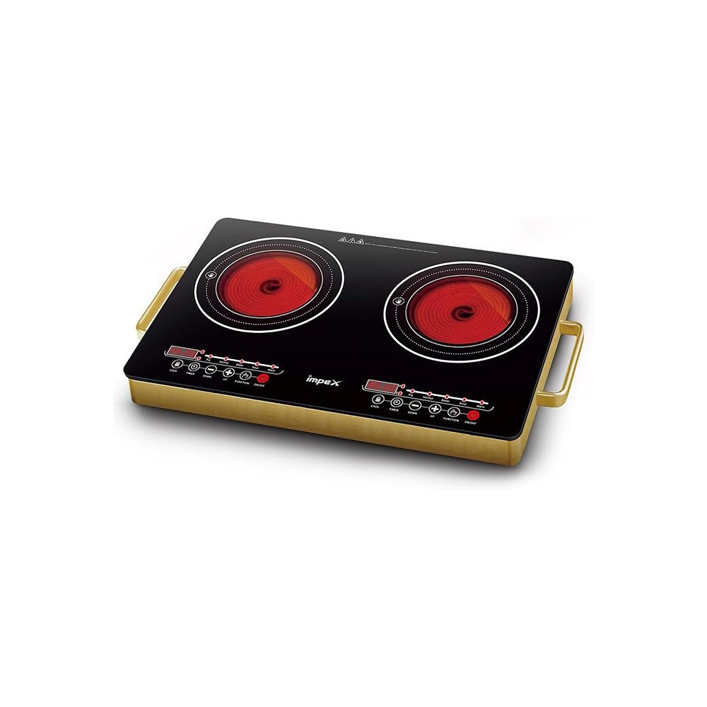 Impex Double Infrared Cooktop, 2 Burner Electric Stove With 4-Digit Led Display, Touch Sensor, 5 Cooking Modes, 8 Power Levels, 4-Hour Timer, Micro Crystal Plate, Overheat Protection