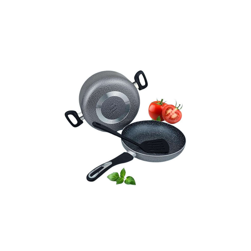 Impex Aluminum Cookware Set Of 7 Pieces-Non-Stick Granite Surface, Tempered Glass Lid, Frying Pan, Saucepan With Lid, Milkpan With Lid,2 Spatula, Ncb 7104