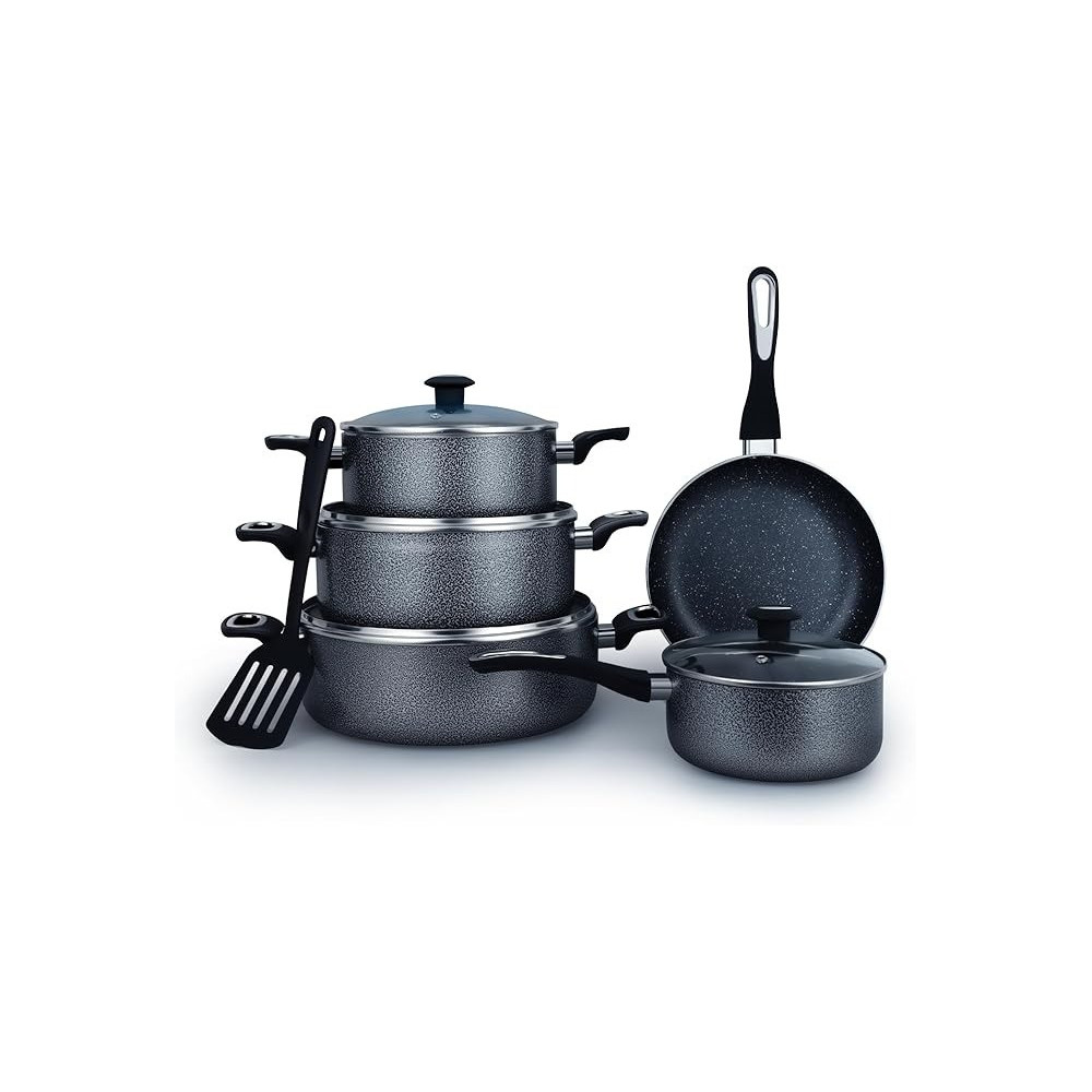 Impex 10-Piece Royal Nonstick Granite Coated Cookware Set, Fry Pan 24Cm,3 Saucepan With Lid 28 Cm, Milk Pan With Lid 18Cm And Spatula, Pfoa Free-Ncb 7110