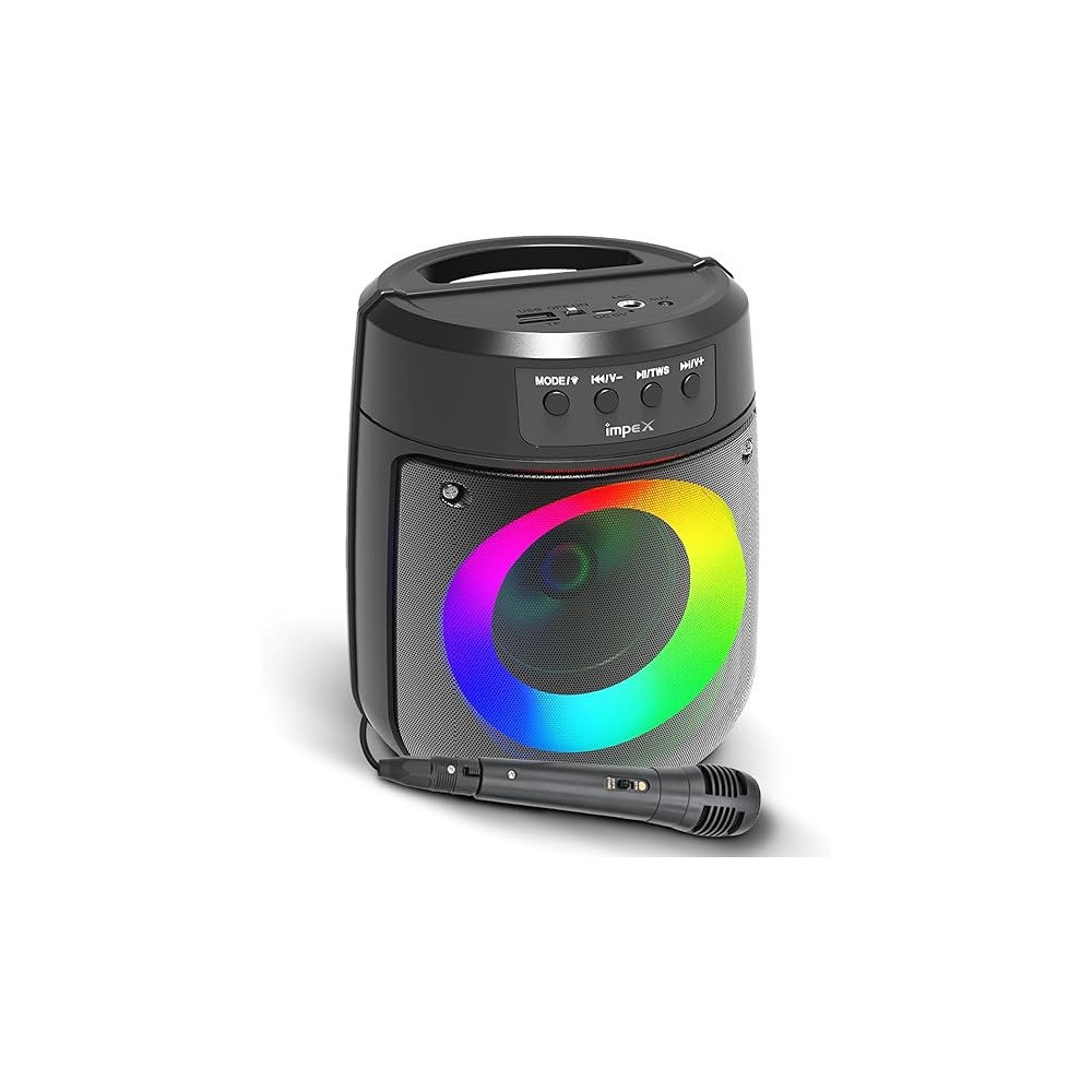 Impex Portable Bluetooth Speaker, 500W Pmpo, 4 Inch Wireless Speaker With Magic Ring Light, 1200 Mah Battery, Bluetooth 5.1, Usb/Micro Sd/Aux/Fm/Mic/Tws, Type-C Charging, Wired Mic,10M Range, Black, Ts 1106
