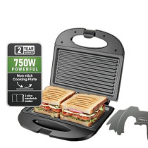 Impex Sandwich Maker 2 Slice, 750W Non Stick Coated Plates, Power And Ready Indicator Light, Cool Touch Handle, Skid Resistant Feet, Compact Design With 218X127Mm Plate Size, Sw 3601, Black