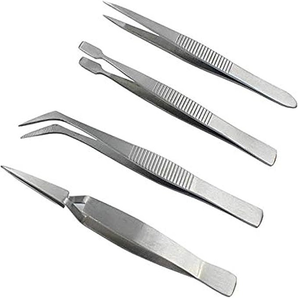 Stainless Steel Electronics Forceps Eyebrow And Makeup Repair Tweezers, Set Of 4 Pieces