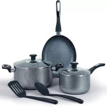 Delici 7-Piece Non-Stick Aluminium Cookware Set With Durable Hammertone Exterior, 5-Layer Super Granite Coating, Tempered Glass Lids, Heat-Resistant Handles And Knob, 2Pcs Nylon Spatula, Acs7He
