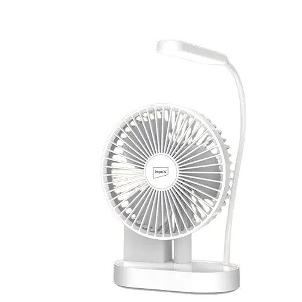 Impex 5 Inch Rechargeable Table Fan With 2400Mah Battery, 19Pcs Smd Led, Type-C Charging Port, Pen Holder, Strong Wind Force,3-Stage Speed Control, White And Blue Design, Breeze D4 White