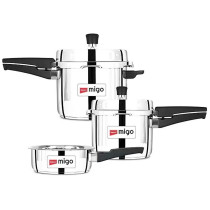 Impex Migo Stainless Steel Pressure Cooker Combo, 5L, 3L, 2L, Outer Lid, Induction And Gas Compatible, Anti-Bulging Base, Lead-Free Safety Valve, High Heat Efficiency, Sandwich Bottom, Ifc 235Ss