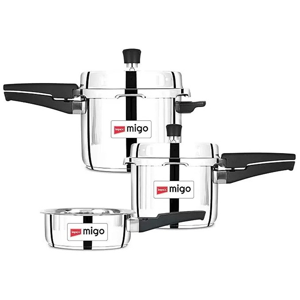 Impex Migo Stainless Steel Pressure Cooker Combo, 5L, 3L, 2L, Outer Lid, Induction And Gas Compatible, Anti-Bulging Base, Lead-Free Safety Valve, High Heat Efficiency, Sandwich Bottom, Ifc 235Ss