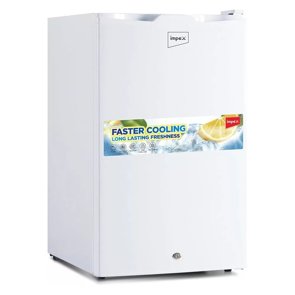 Impex 90 L Single Door Mini Refrigerator, 3 Cubic Feet Freezer Fridge, Glass Shelves, Safety Lock And Key, Low Noise, Energy Saving, Fast Cooling, White, Imrf 140