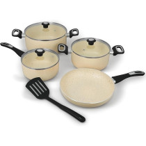 Impex Granite Coated Nonstick Cookware Set –8 Pcs, Ivory (Ncb 7108Bg, 5-Layer Granite Coating, Virgin Aluminium, Tempered Glass Lids, Heat Resistant Handles, Includes Frypan, Casseroles And Nylon Turner