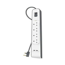 Belkin 4 Way/4 Plug Surge Protection Strip With 2 Meters Cord Length - Heavy Duty Electrical Extension Socket With 2 X 2.4 A Shared Usb Ports Black/White