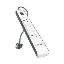 Belkin 4 Way/4 Plug Surge Protection Strip With 2 Meters Cord Length - Heavy Duty Electrical Extension Socket With 2 X 2.4 A Shared Usb Ports Black/White