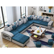 Modern Couch U Shaped Fabric Living Room Furniture Chaise Lounge Recliner Sectional L Shape Corner Sofa Sets (Blue)