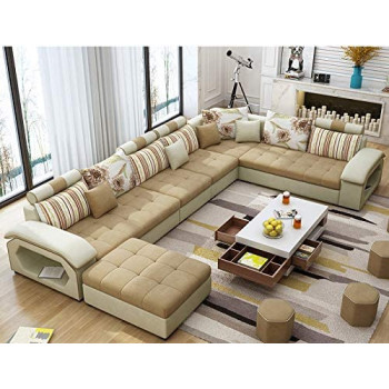 Modern Couch U Shaped Fabric Living Room Furniture Chaise Lounge Recliner Sectional L Shape Corner Sofa Sets Cream
