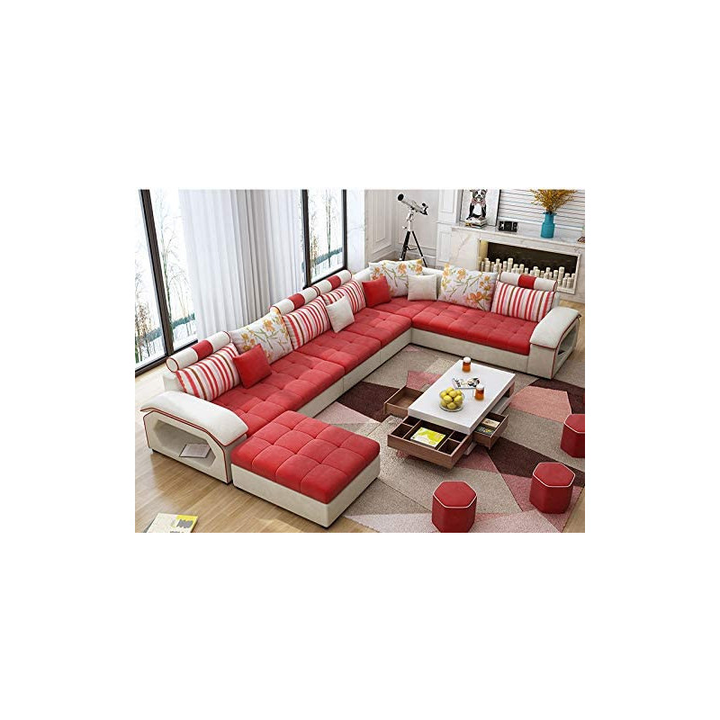 Modern Couch U Shaped Fabric Living Room Furniture Chaise Lounge Recliner Sectional L Shape Corner Sofa Sets Red