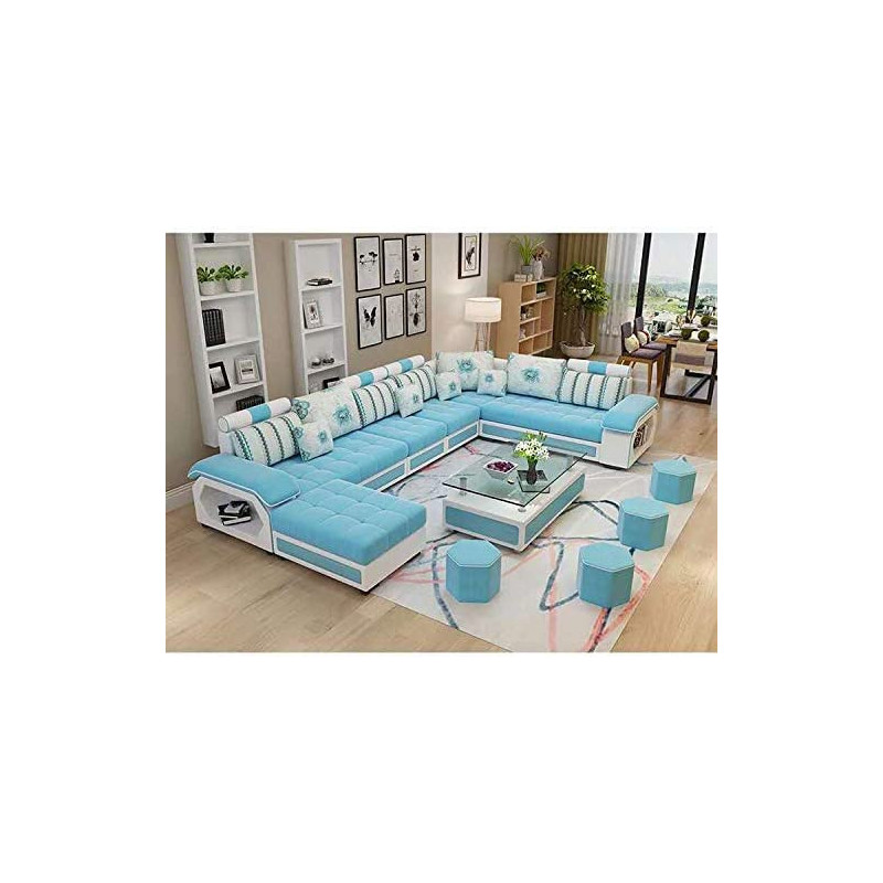 Modern Couch U Shaped Fabric Living Room Furniture Chaise Lounge Recliner Sectional L Shape Corner Sofa Sets Sky Blue