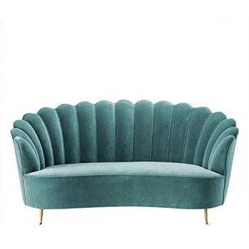 Flower Elegant Style Velvet Fabric Upholstered 3 Seater Curved Sofa Couch Living Room Sofa Turquoise