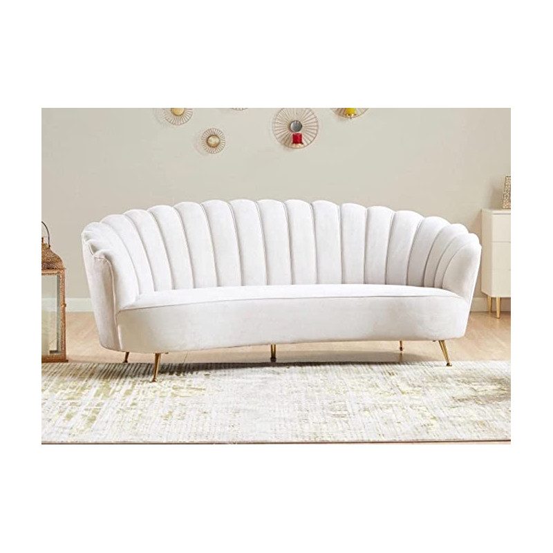 Flower Elegant Style Velvet Fabric Upholstered 3 Seater Curved Sofa Couch Living Room Sofa White