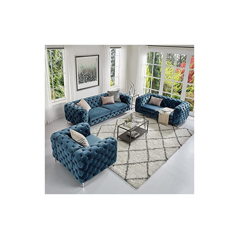 Simple Velvet Fabric Sofa The Body Of The Sofa Is Botton Tufted Sofa For Living Room Blue