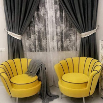 2Piece Round Shaped Velvet Living Room Single Seater Sofa Yellow With Black Strips Silver Legs