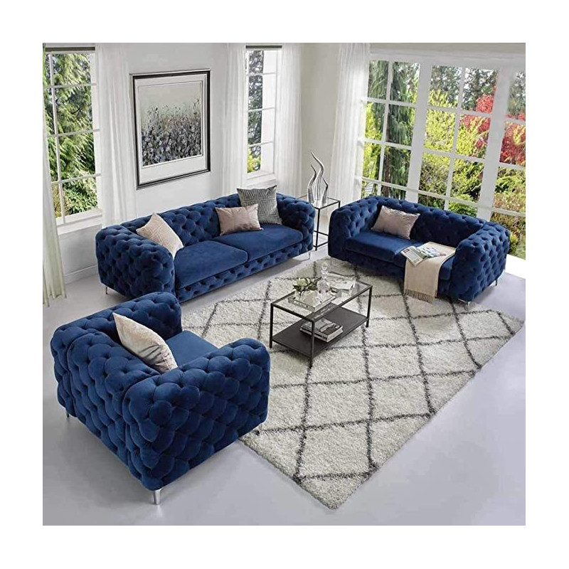 Simple Velvet Fabric Sofa The Body Botton Tufted For Living Room Blue