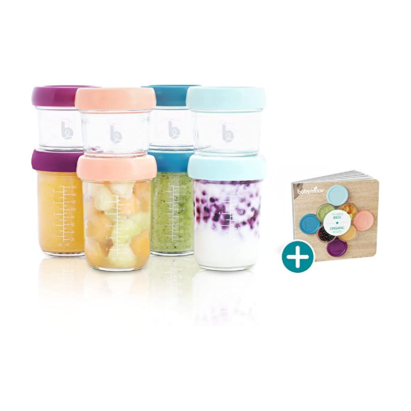 Babymoov Glass Baby Bowls 4 X 240Ml 4 X 120Ml Airtight Food Storage Containers With Recipe Book