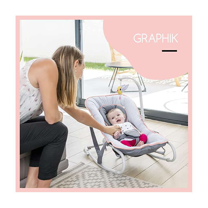 Babymoov Graphik Baby Bouncer Rocker Chair 0M Recining Backrest Cosy Cushioned Seat Peach