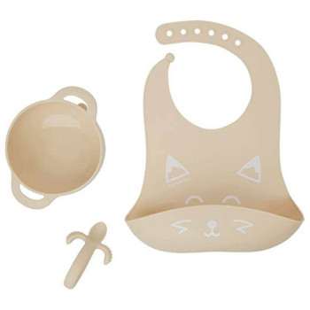 Babymoov 3Pc Silicone Bowl Spoon & Bib Weaning Set Peach