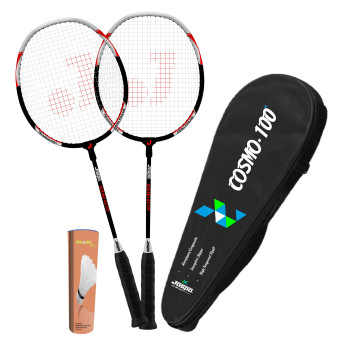 Jaspo Badminton Racket Cosmo Ez200 Plus 2 Racket 5 Pc Feather Shuttle Cork 1 Bag Assorted
