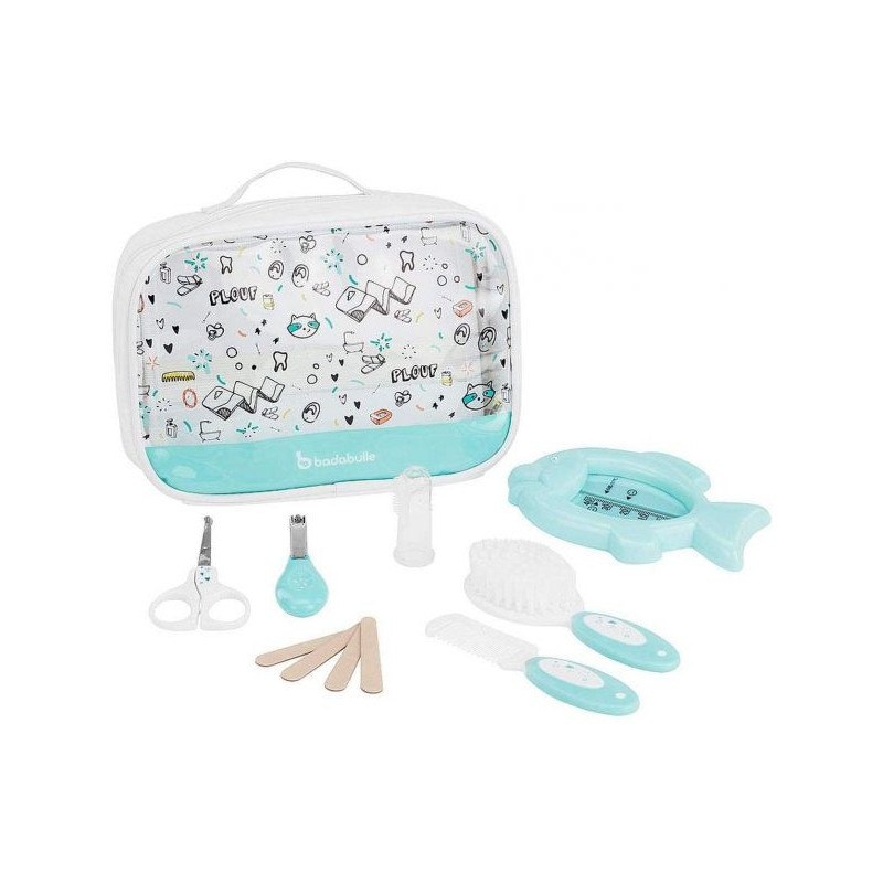 Badabulle Grooming Kit 7Pcs Brush Comb Scissor Nail Clipper 4X Nail Files Silicon Teething Ring & Bath Theremometer