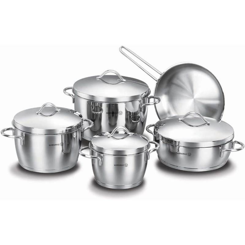 Korkmaz Luna 9 Piece High End Stainless Steel Induction Ready Cookware Set with Tri Ply Encapsulated Base
